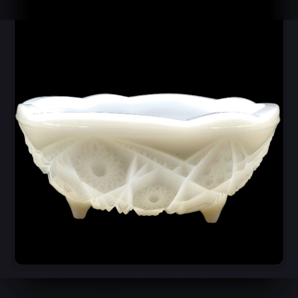 McKee Milk Glass Footed Bowl Toltec Pattern Cottagecore White Three Toed Dish 7"